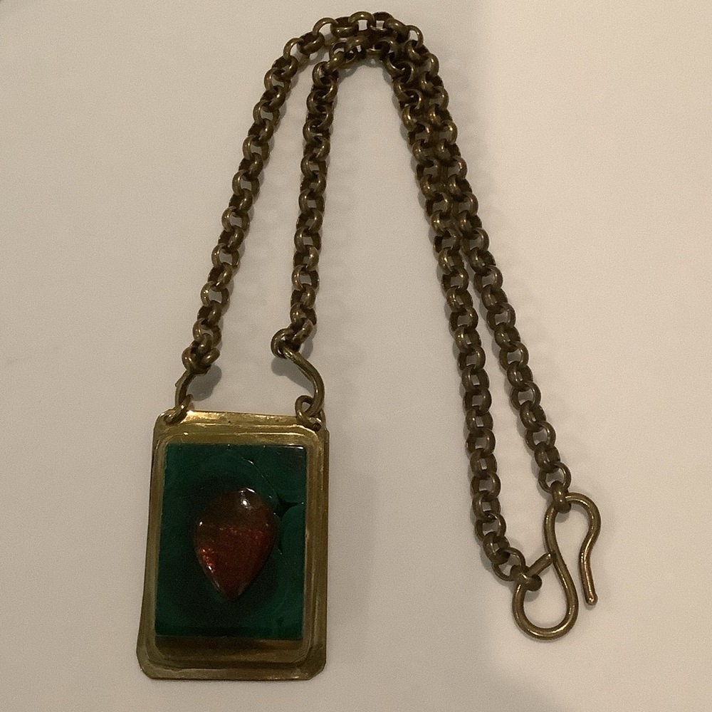 Gold-Tone Green Pendant Necklace with Red Stone Accent, Brand New